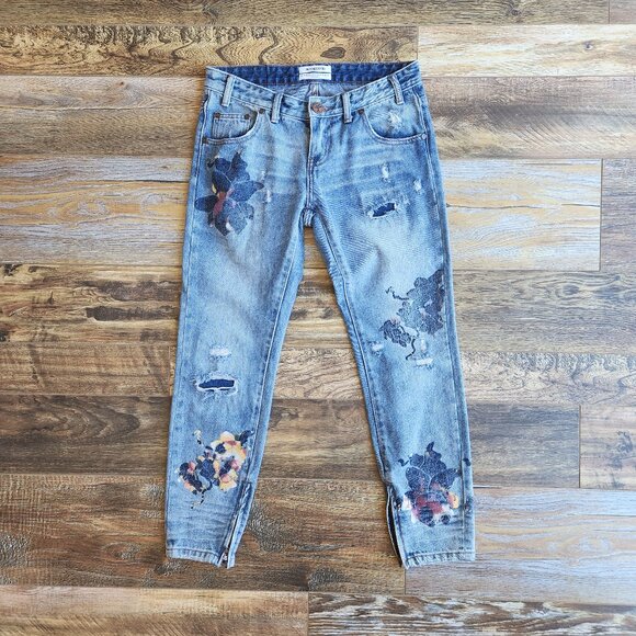 One x One Teaspoon Freebird Distressed Painted Rigid Skinny Jeans Ankle-Zip - Picture 2 of 13
